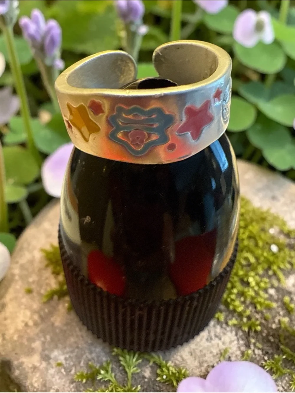 Star and Shield Pattern Adjustable Metal Ring - Gold Tones